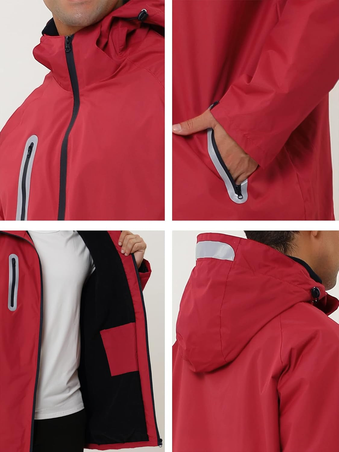 Men'S Windbreaker Fleece Lined Drawstring Hoodie Zipper Outdoor Rain Jacket Small Red