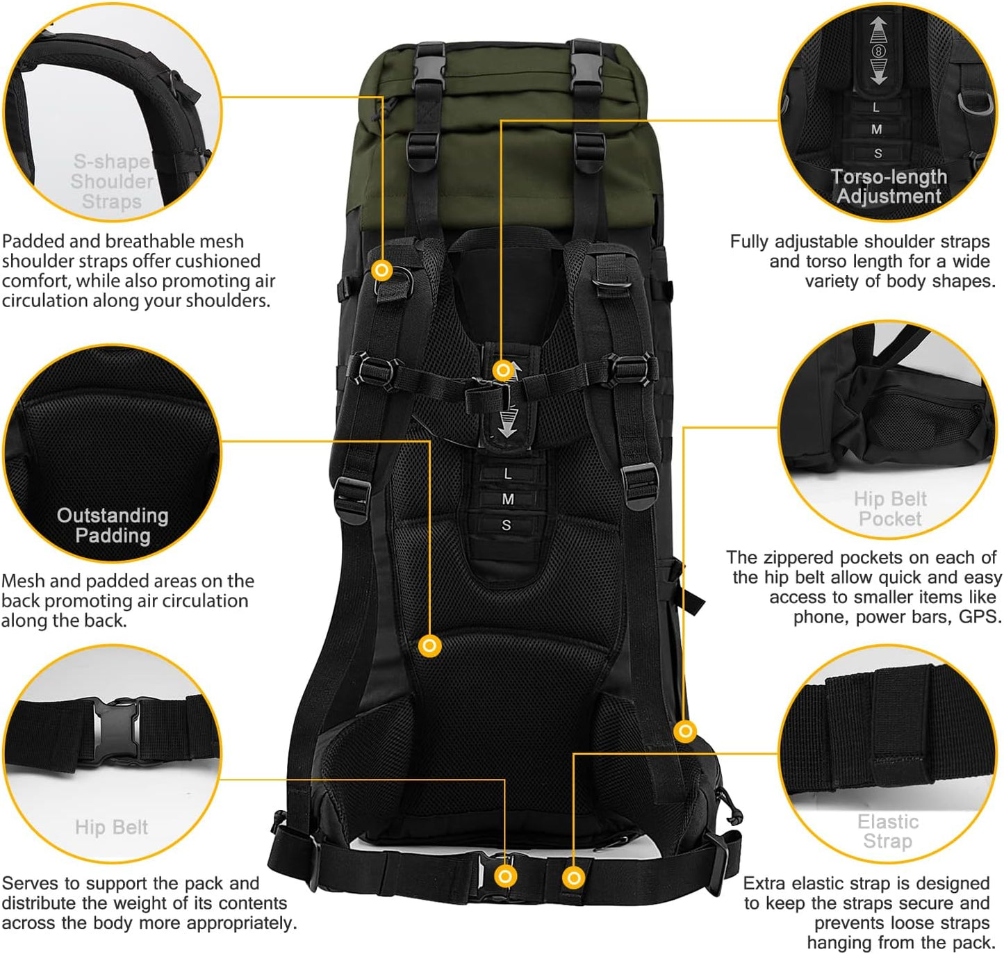 65L Molle Hiking Internal Frame Backpack with Rain Cover for Camping,Backpacking