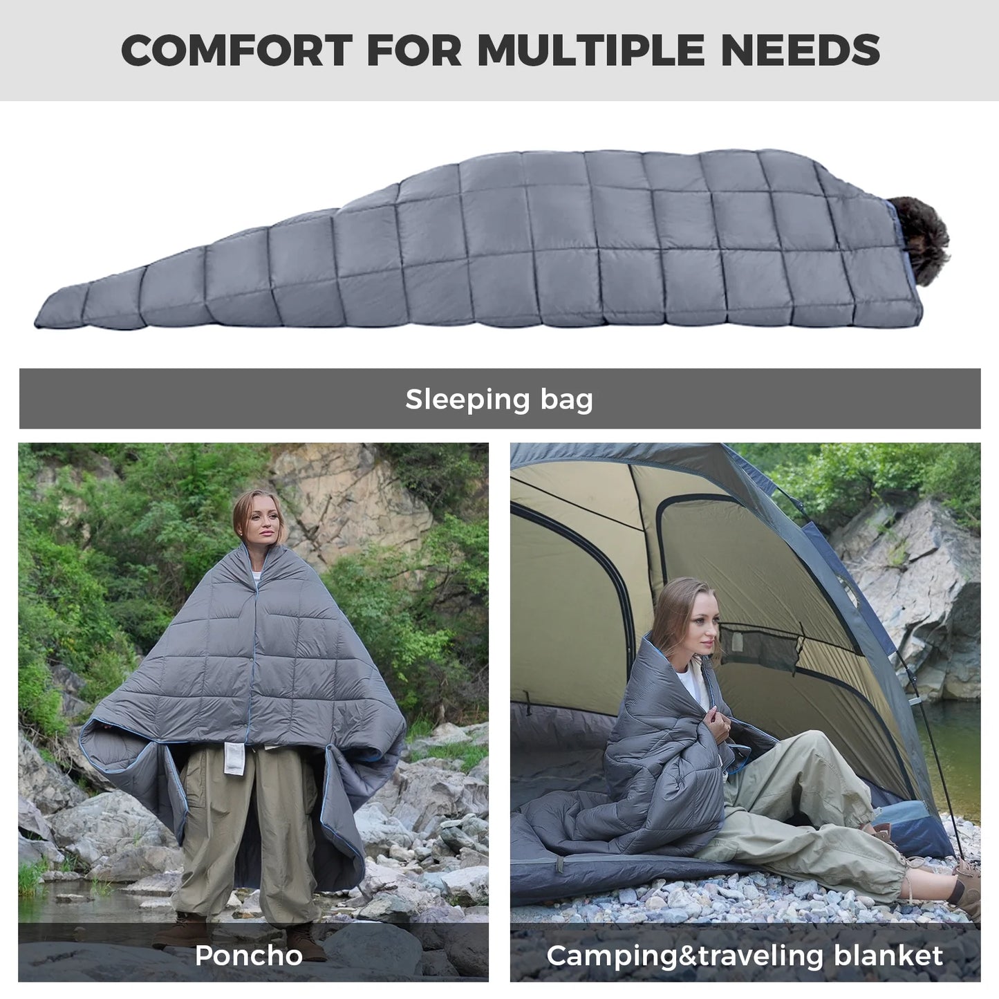 Camping Blanket Puffy, Lightweight Multifunctional Outdoor & Indoor Blanket with Snap Button, Water Repellent, Backpacking Quilt for Travel, Airplane, Hiking, Picnic, 69" X 53", Grey