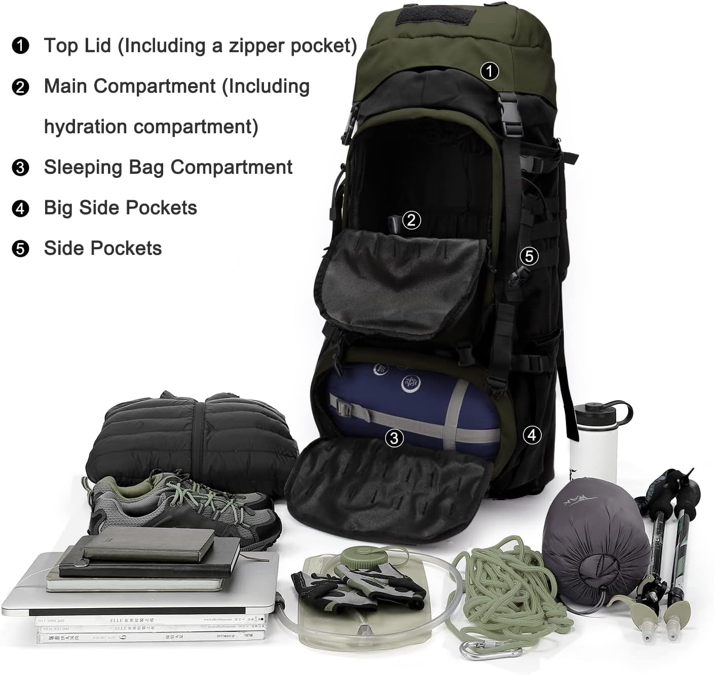 65L Molle Hiking Internal Frame Backpack with Rain Cover for Camping,Backpacking