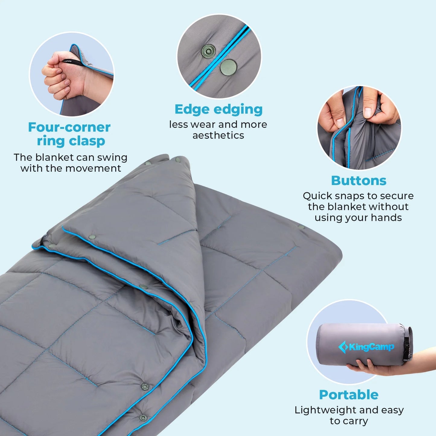 Camping Blanket Puffy, Lightweight Multifunctional Outdoor & Indoor Blanket with Snap Button, Water Repellent, Backpacking Quilt for Travel, Airplane, Hiking, Picnic, 69" X 53", Grey