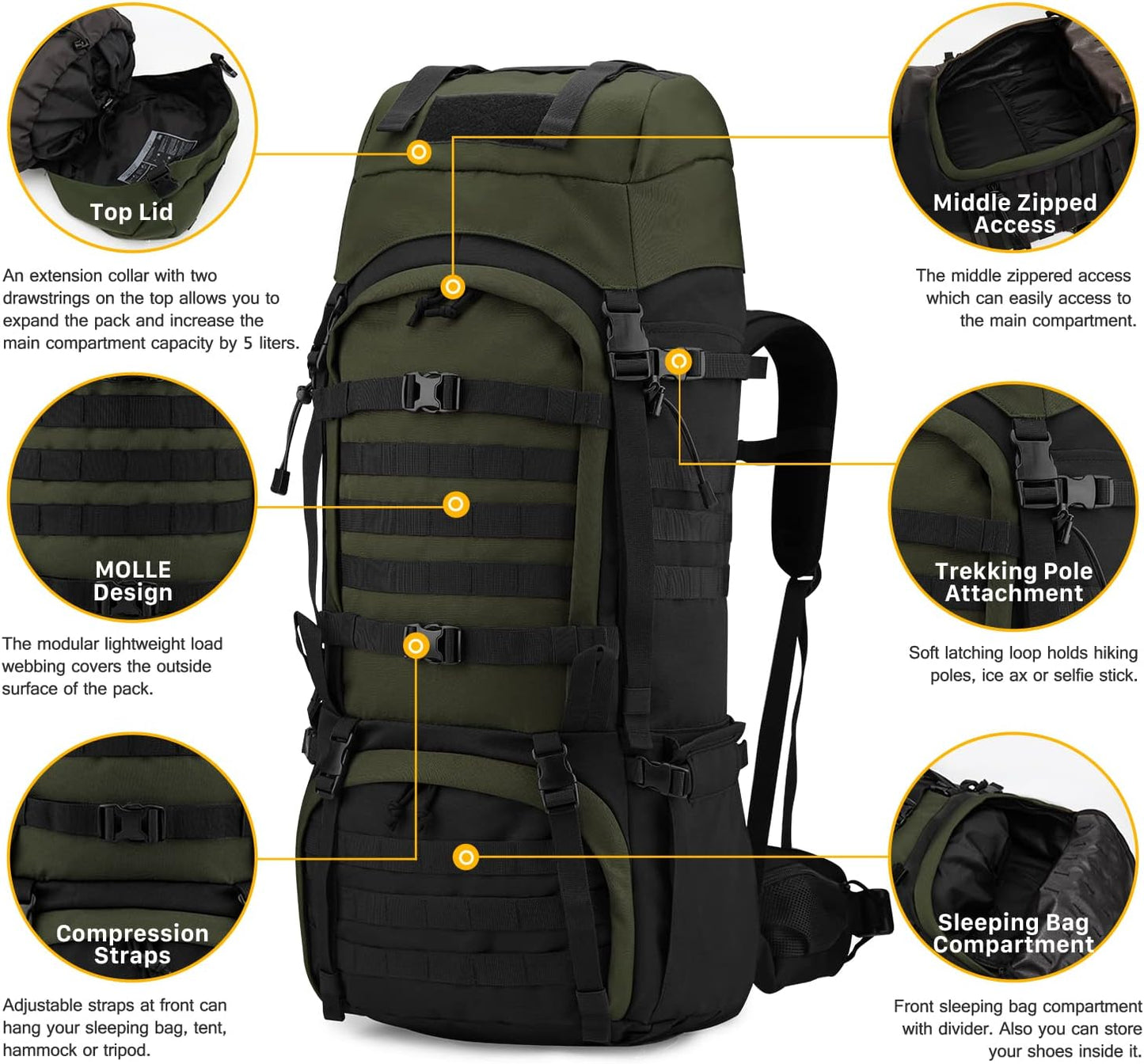 65L Molle Hiking Internal Frame Backpack with Rain Cover for Camping,Backpacking
