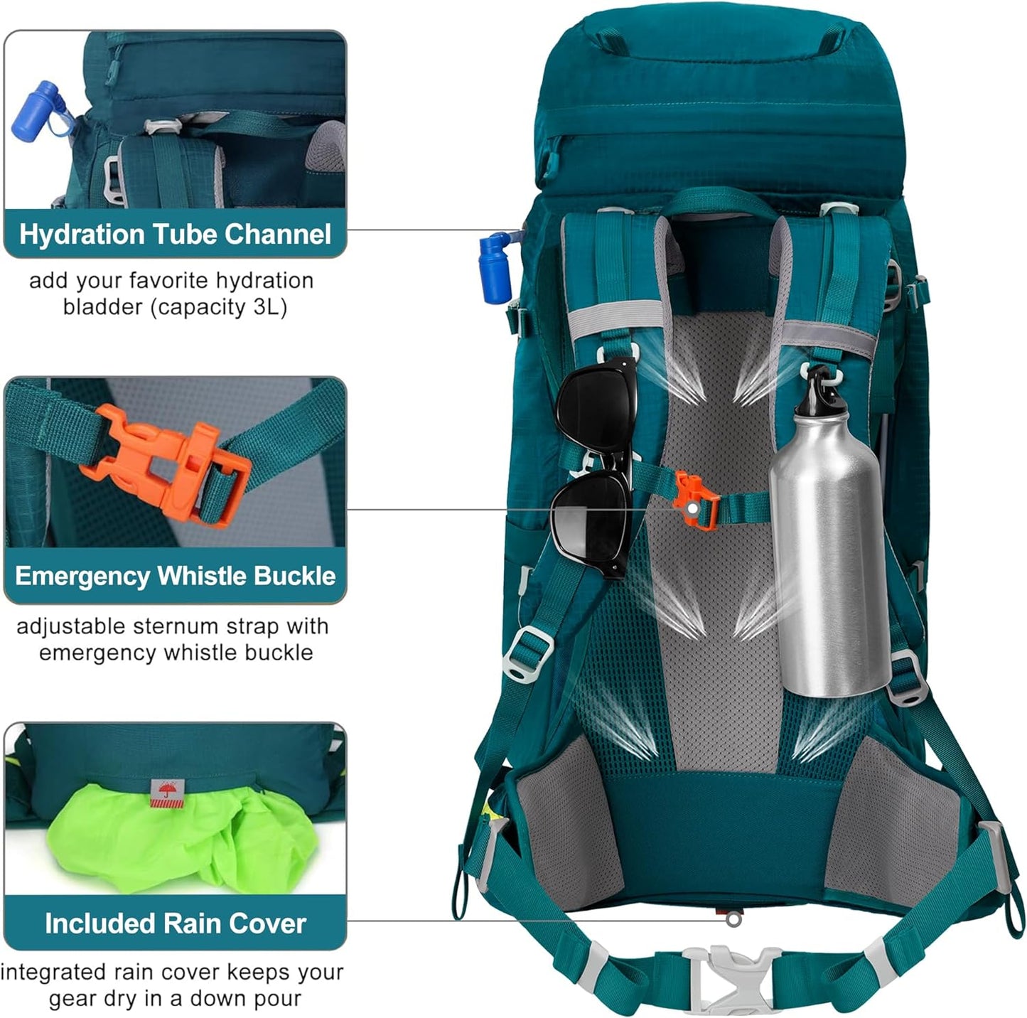Internal Frame Hiking Backpack 50/60/65/70/80L, Mountain Climbing Camping Backpack Daypack Waterproof Rain Cover