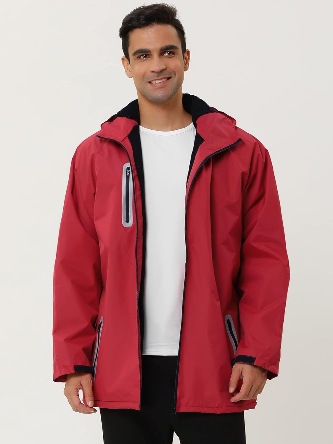 Men'S Windbreaker Fleece Lined Drawstring Hoodie Zipper Outdoor Rain Jacket Small Red
