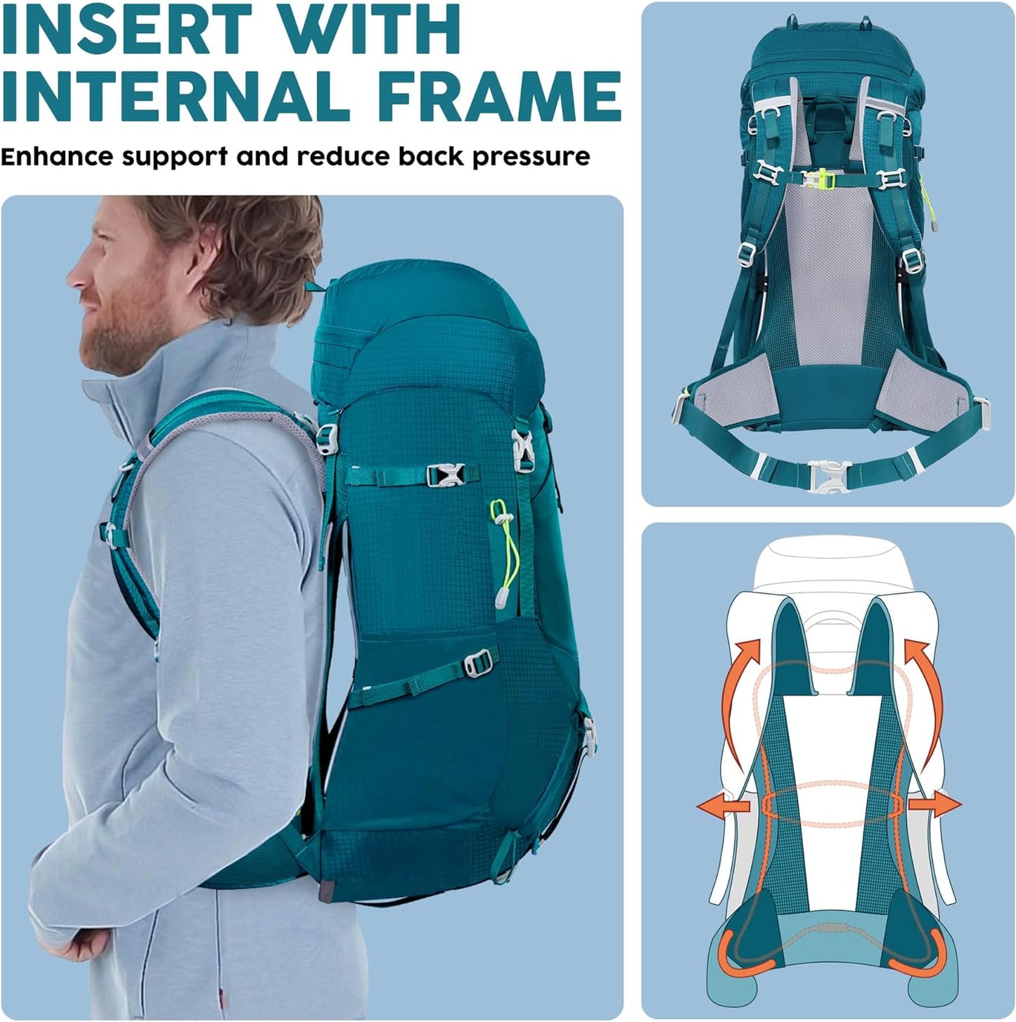 Internal Frame Hiking Backpack 50/60/65/70/80L, Mountain Climbing Camping Backpack Daypack Waterproof Rain Cover