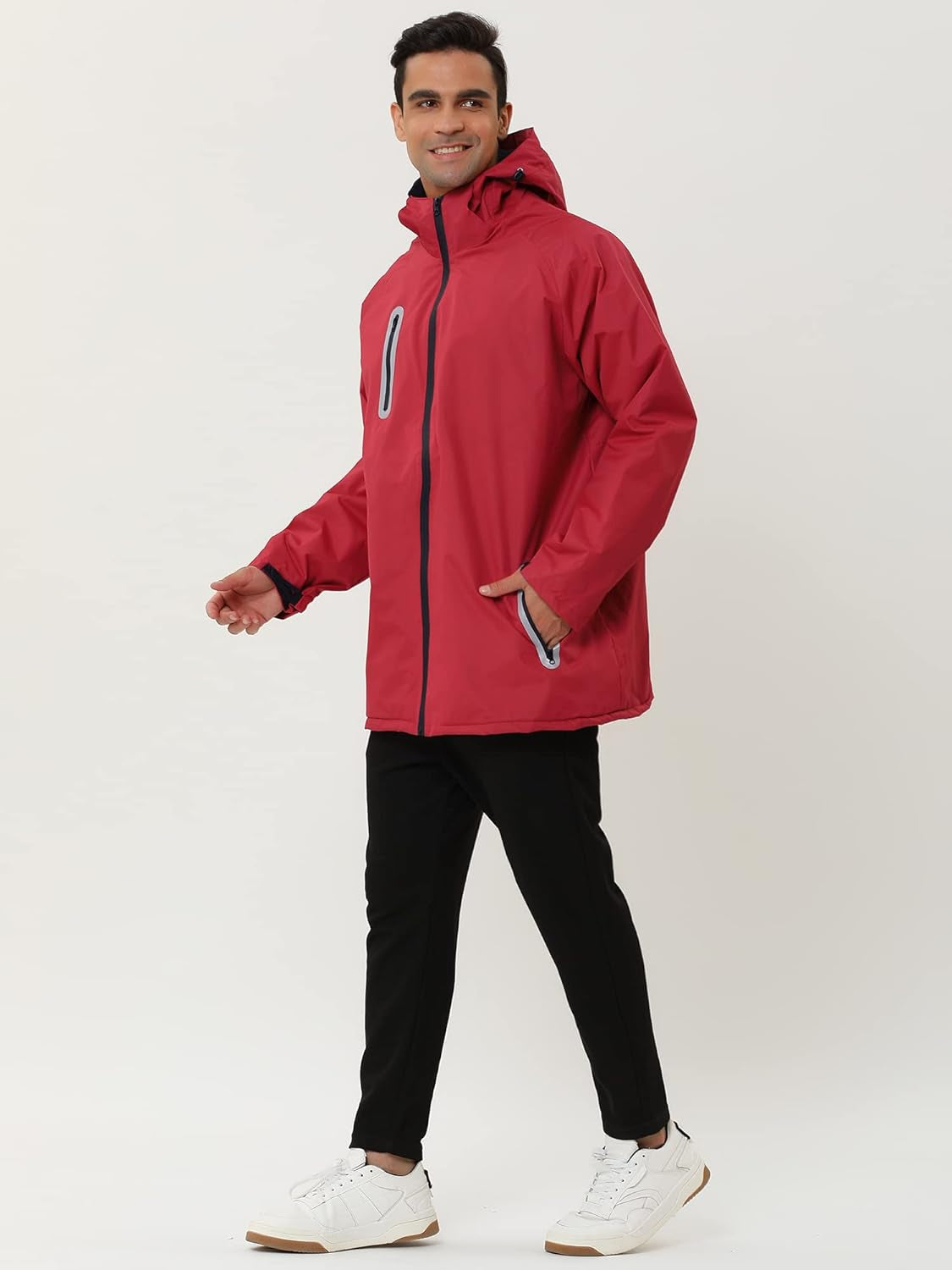 Men'S Windbreaker Fleece Lined Drawstring Hoodie Zipper Outdoor Rain Jacket Small Red