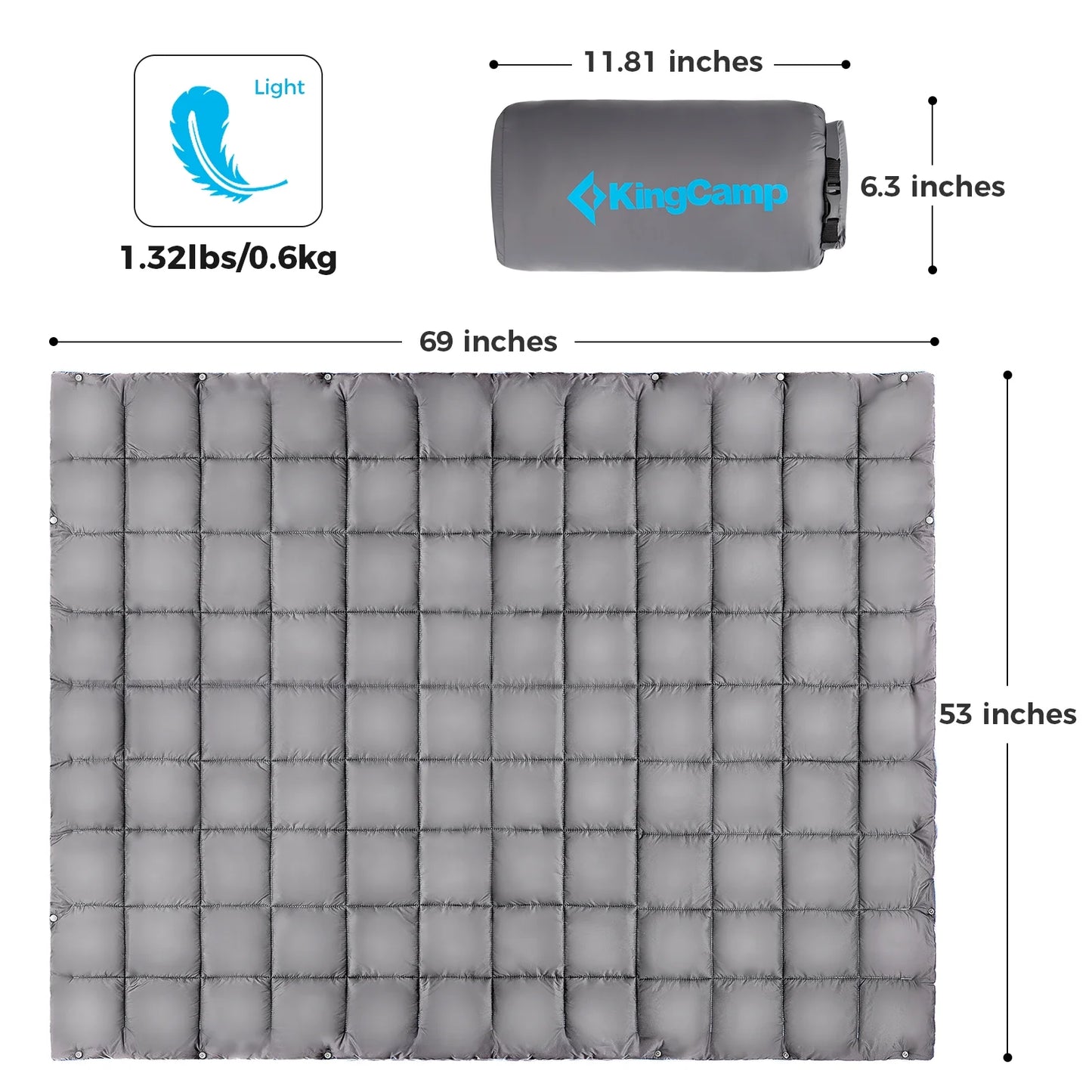 Camping Blanket Puffy, Lightweight Multifunctional Outdoor & Indoor Blanket with Snap Button, Water Repellent, Backpacking Quilt for Travel, Airplane, Hiking, Picnic, 69" X 53", Grey