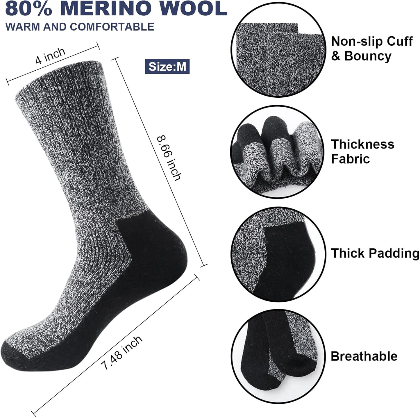 2 Pack Merino Mens Wool Socks, Winter Warm Thermal Socks for Men Cold Weather