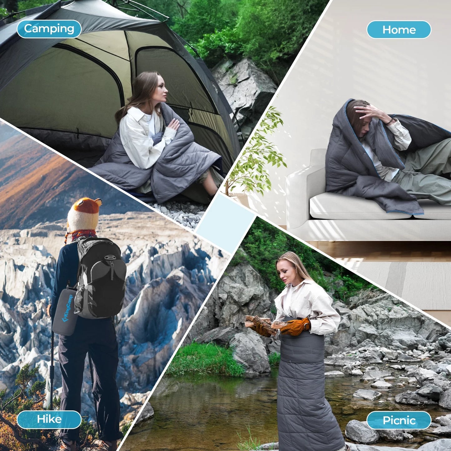 Camping Blanket Puffy, Lightweight Multifunctional Outdoor & Indoor Blanket with Snap Button, Water Repellent, Backpacking Quilt for Travel, Airplane, Hiking, Picnic, 69" X 53", Grey