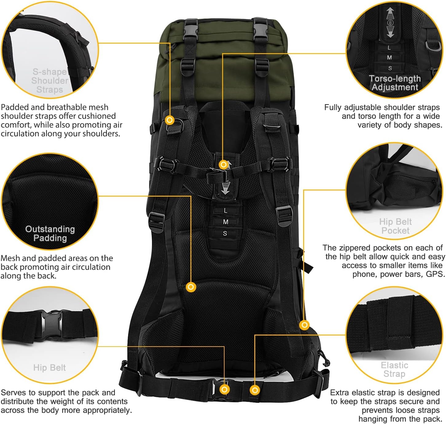 65L Molle Hiking Internal Frame Backpack with Rain Cover for Camping,Backpacking