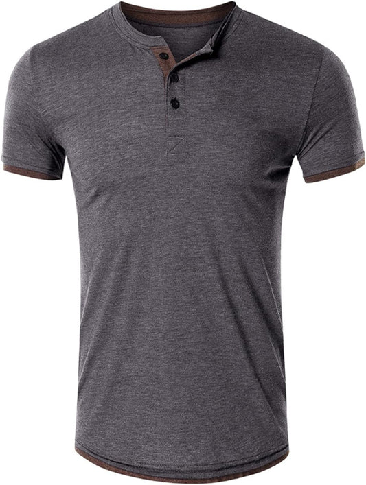 Mens Fashion Workout Henley T-Shirts Casual Sport Gym Fit Short Sleeve Buttons Cotton Tees Gray