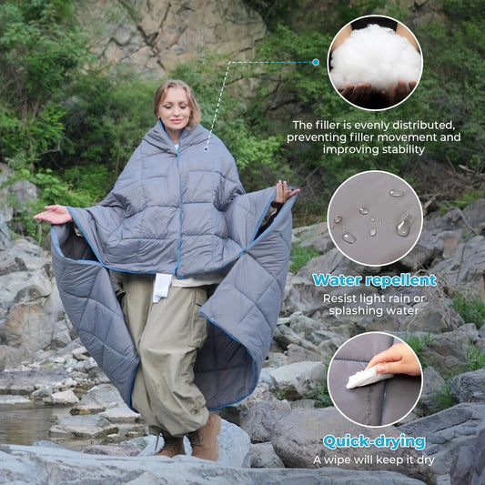 Camping Blanket Puffy, Lightweight Multifunctional Outdoor & Indoor Blanket with Snap Button, Water Repellent, Backpacking Quilt for Travel, Airplane, Hiking, Picnic, 69" X 53", Grey