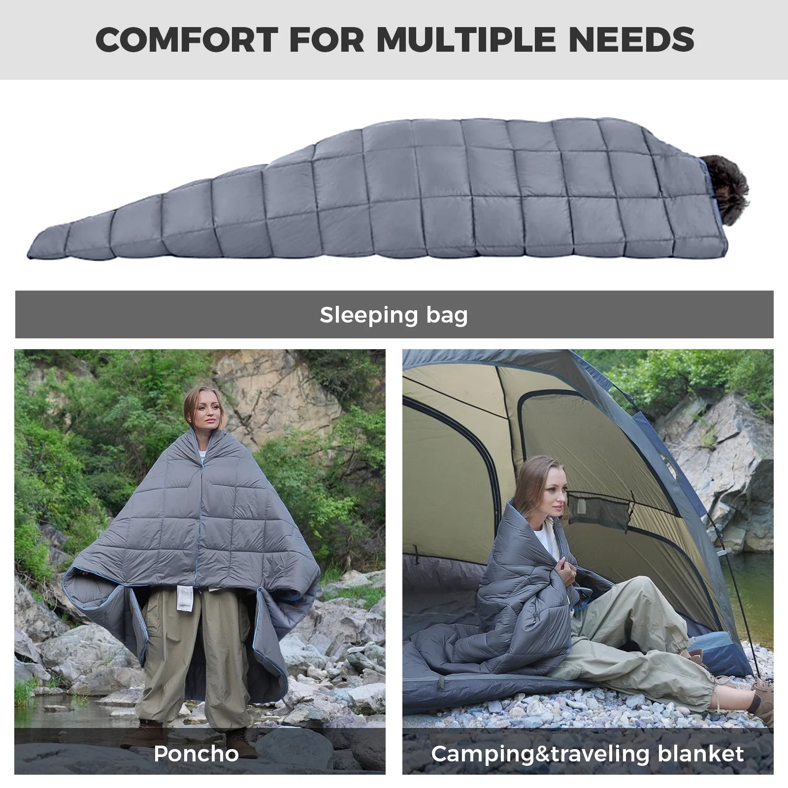 Camping Blanket Puffy, Lightweight Multifunctional Outdoor & Indoor Blanket with Snap Button, Water Repellent, Backpacking Quilt for Travel, Airplane, Hiking, Picnic, 69" X 53", Grey