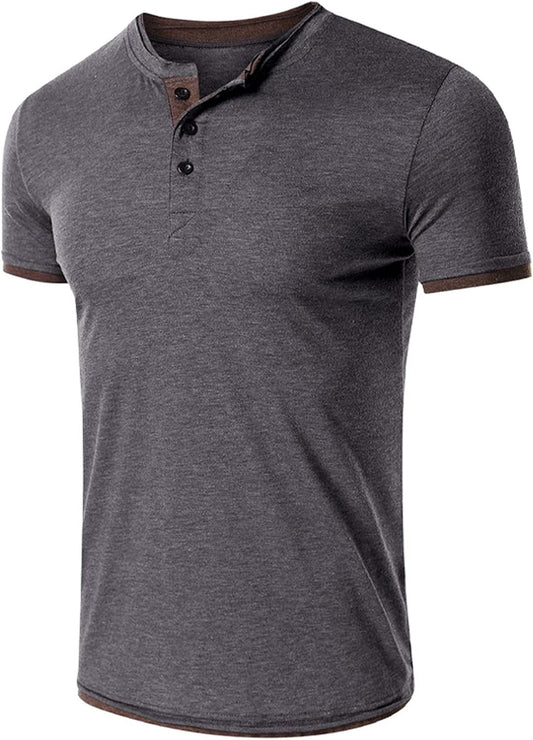 Mens Fashion Workout Henley T-Shirts Casual Sport Gym Fit Short Sleeve Buttons Cotton Tees Gray