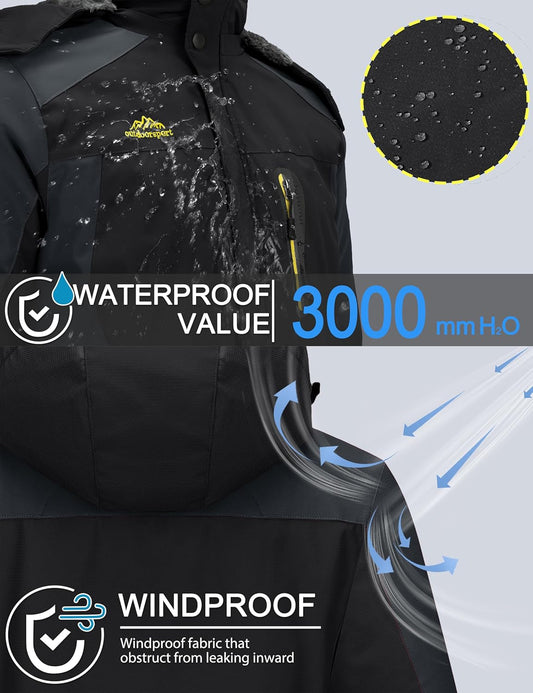 Men'S Winter Ski Jacket Waterproof Snow Coats Snowboard Fleece Lining Jacket Warm Parka with Hooded