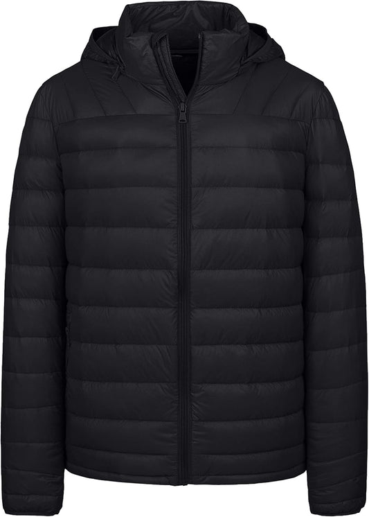 Men'S Packable Ultra Light down Jacket with Removable Hood(Black,S)