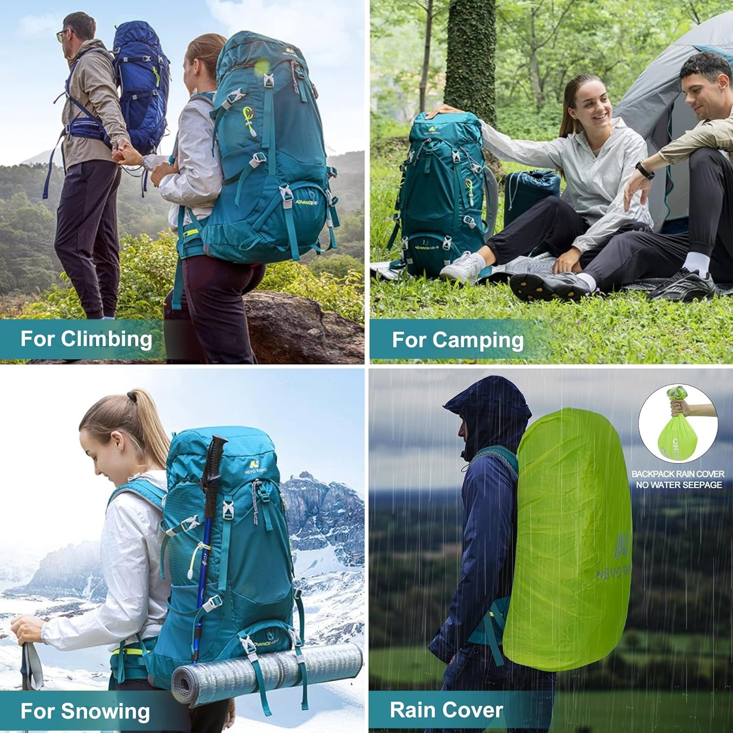Internal Frame Hiking Backpack 50/60/65/70/80L, Mountain Climbing Camping Backpack Daypack Waterproof Rain Cover