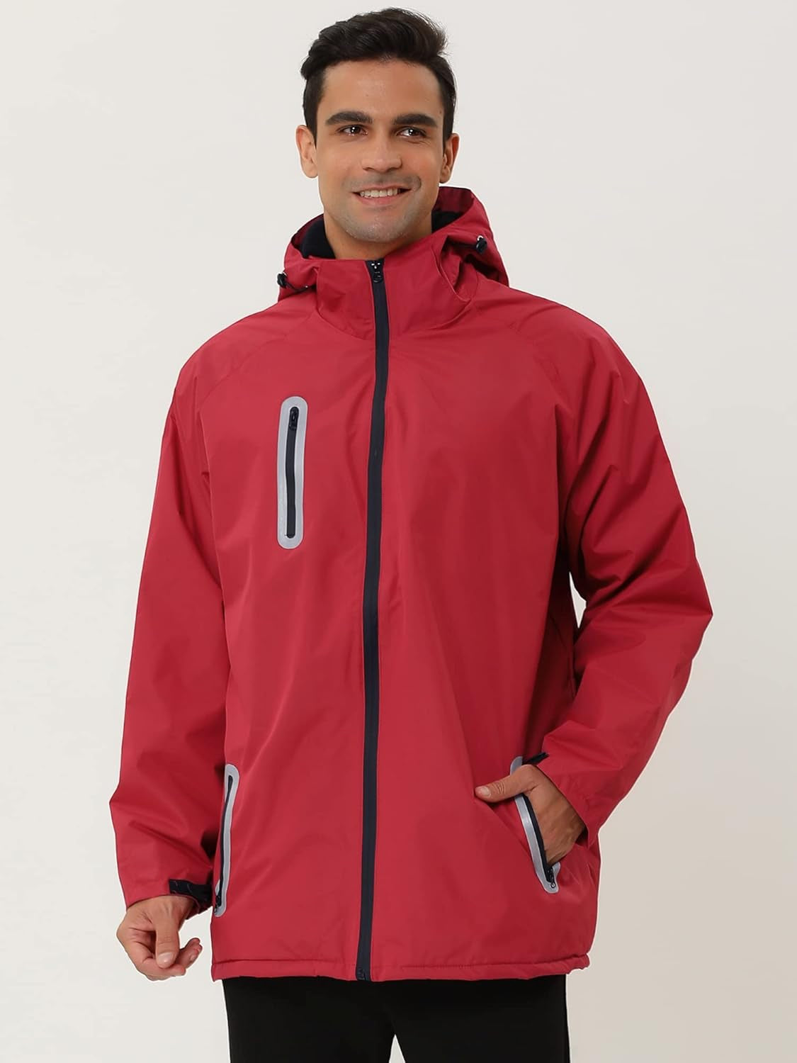 Men'S Windbreaker Fleece Lined Drawstring Hoodie Zipper Outdoor Rain Jacket Small Red