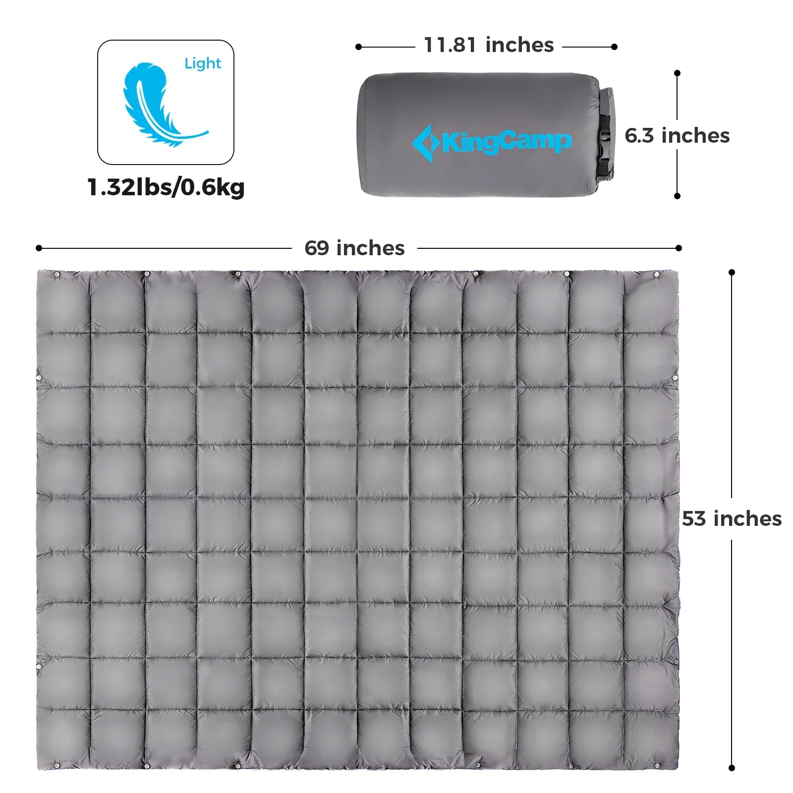 Camping Blanket Puffy, Lightweight Multifunctional Outdoor & Indoor Blanket with Snap Button, Water Repellent, Backpacking Quilt for Travel, Airplane, Hiking, Picnic, 69" X 53", Grey