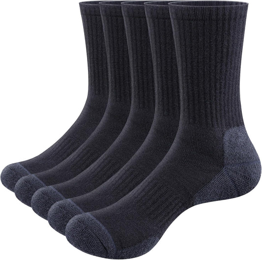Men'S Black Athletic Hiking Socks Breathable Cotton Cushioned Crew Socks Padded Work Socks for Men Size 9-11, 5 Paiirs